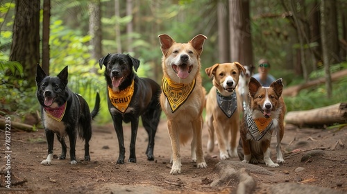 Canine Fitness Adventure Group of Dogs on Guided Nature Hike, Wearing Canine Fitness Month Bandanas, Exploring Forest Trails for Natural Exercise 