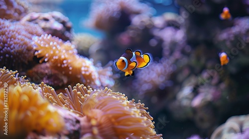 close up view of clown fish in colorful coral reef scene, showcasing the beauty of marine life and aquatic biodiversity © Grapphy