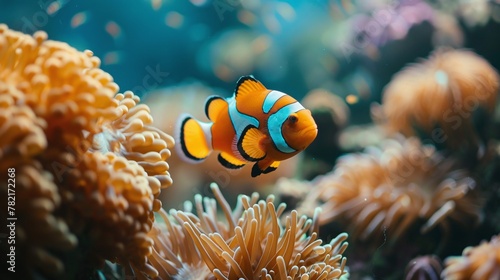 immersive coral reef close up: macro underwater scene featuring clown fish amidst colorful backgrounds, offering a glimpse into vibrant marine wildlife and aquatic ecosystem