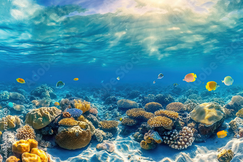 Underwater wildlife colorful marine panorama with tropical fish life on shallow coral reef AI Generative