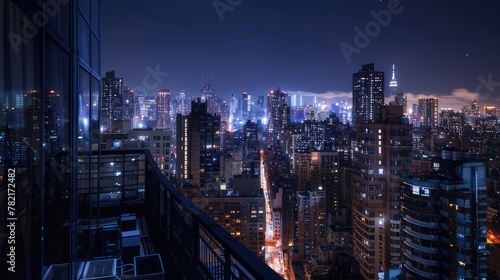 City Lights Captivating Rooftop View of Urban Skyline at Night, Wide Shot Embracing Ambient Street Lights and Vibrant Cityscape 
