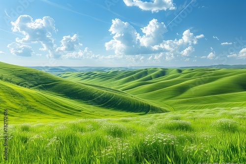 Rolling hills blanketed in a sea of vibrant green.