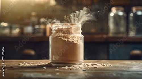 Overflowing glass jar of protein on a rustic wooden table in a dimly lit room