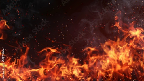 An overlay of fire sparks with a smoke and flame background. Heat emitted from a grill in a cloud. Smoke and flame background. Hyperrealistic flying orange sparkle abstract illustration. Hell bonfire