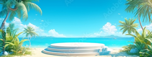 A podium with blue water and beach background