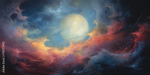 Oil drawing painting of a moon in the sky. Graphic art canvas in dark blue colors illustration. Outdoor nature landscape view
