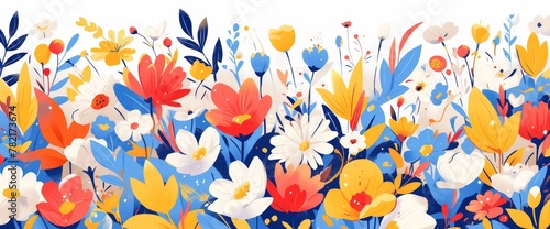 A seamless pattern of hand drawn flowers in red  orange and blue