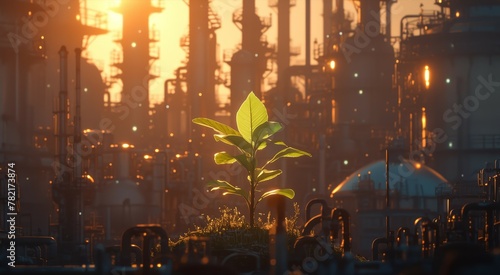 A small green tree growing in front of an industrial plant, symbolizing growth and development within sustainable industry.  © Photo And Art Panda