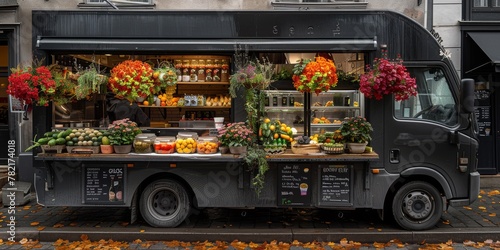A black food truck with flowers on the outside and a variety of food and drinks inside. © jp