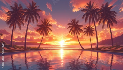 A stunning sunset over the pool at an exotic resort, with palm trees silhouetted against the vibrant orange and red sky. 
