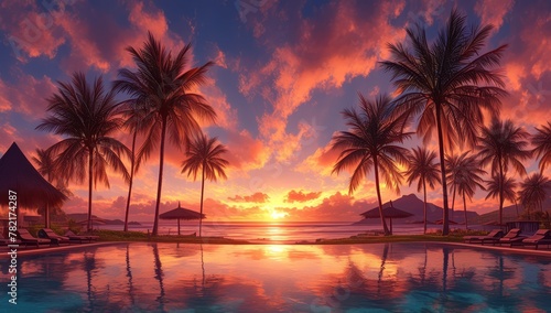 A stunning sunset over the pool at an island resort  with palm trees silhouetted against the vibrant orange and red sky. 