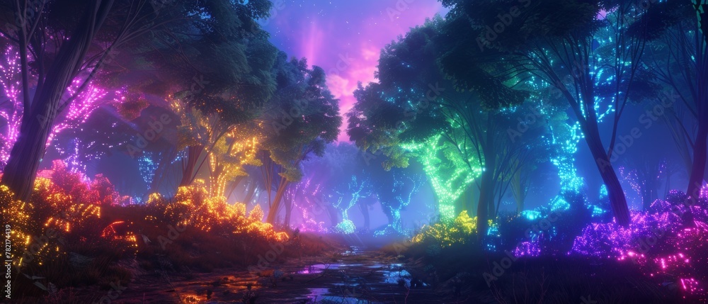 Vibrant digital artwork of an enchanted forest with neon colors and magical trees.