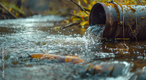 Dangerous chemicals and hazardous waste are discharged into the river through a drain iron pipe, environmental pollution concept