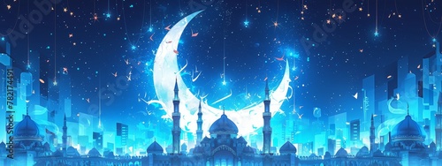 A stunning vector illustration of the radiant sunset over an Islamic city with tall minarets and domes, set against a backdrop of stars in the night sky. 