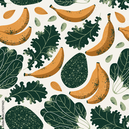 Seamless pattern with bananas and kale with avocado. Fresh food background. Vector illustration