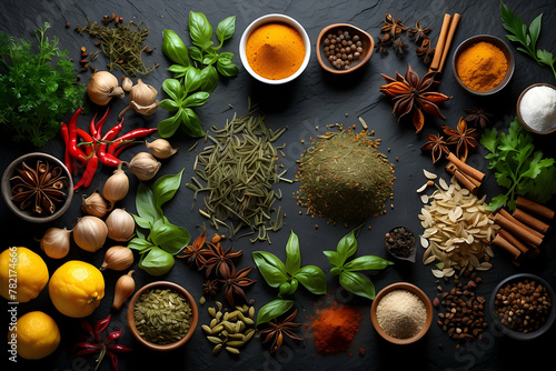 Vibrant collection of spices and herbs on a dark, textured backdrop suitable for culinary concepts