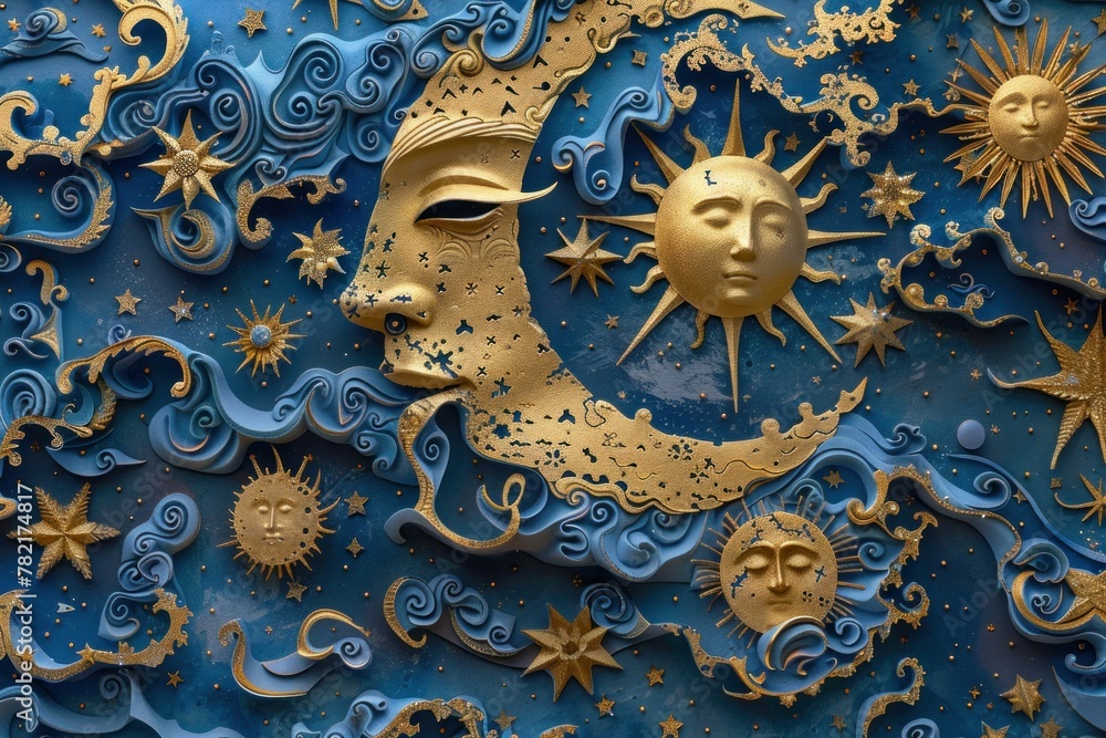 Celestial harmony The moon, the sun, and the stars shining brightly in a deep blue sky Celestial harmony The moon, the sun, and the stars shining brightly in a deep blue sky
