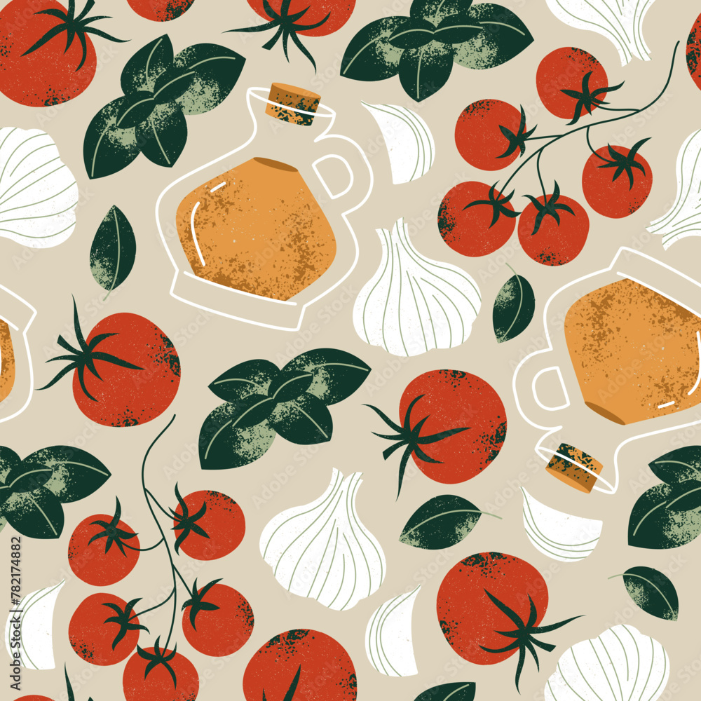 Pasta and pesto ingredients. Seamless pattern with tomato and olive oil with basil and garlic. Vector illustration - obrazy, fototapety, plakaty 