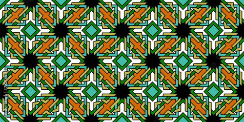 Seamless Islamic geometric pattern, a new and unique design in a modern and creative way, Moroccan ornament, Arabic drawings and decorations, green, black and orange photo