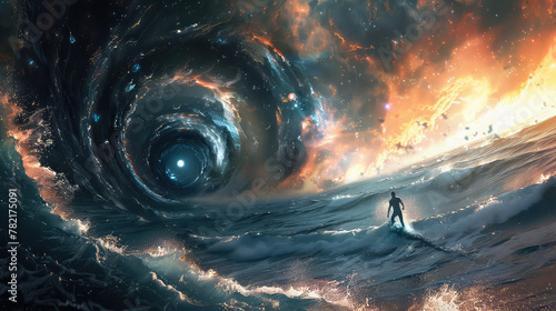 Surfer beneath a cosmic wave nebula