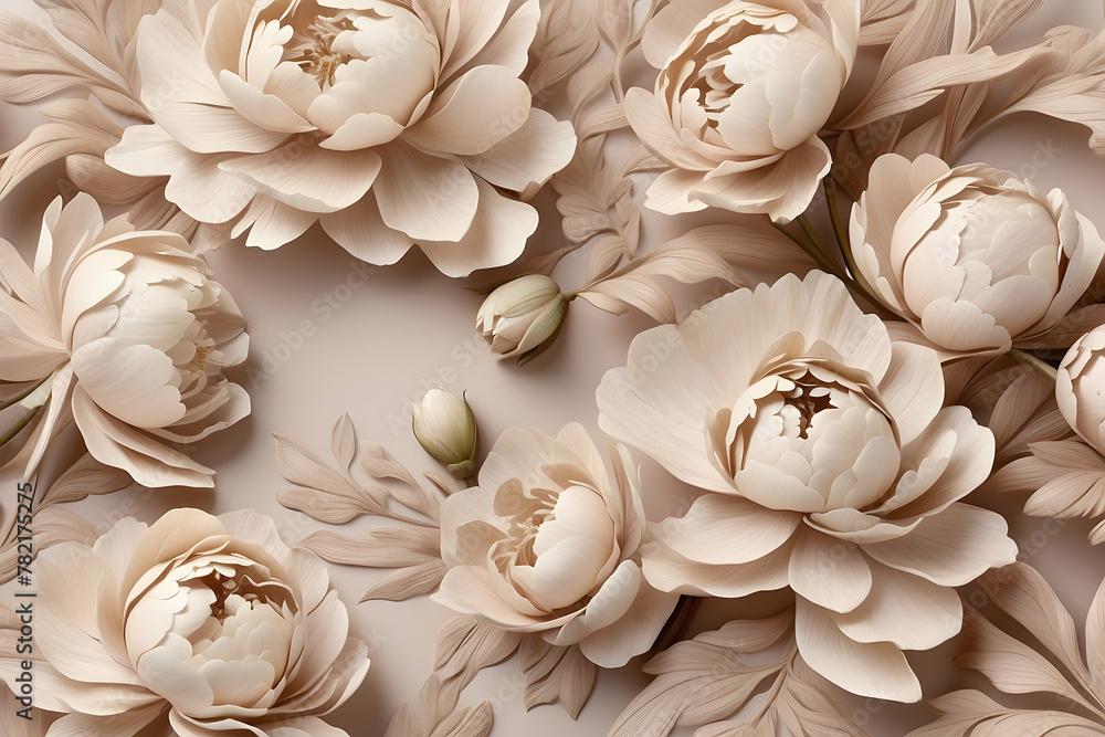 A delicate and sophisticated illustration of beige peony flowers, creating a peaceful and romantic atmosphere A delicate and sophisticated illustration of beige peony flowers, creating a peaceful and romantic atmosphere