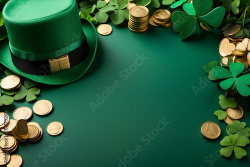 Festive St Patrick's Day composition with a green leprechaun hat, shamrocks, and scattered golden coins on a green background