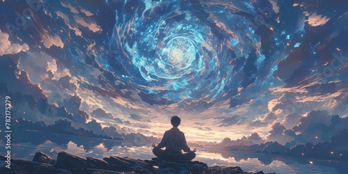A person meditating in the center of an oceanlike space, surrounded by colorful nebulae and stars. Ethereal cosmic background with swirling clouds photo