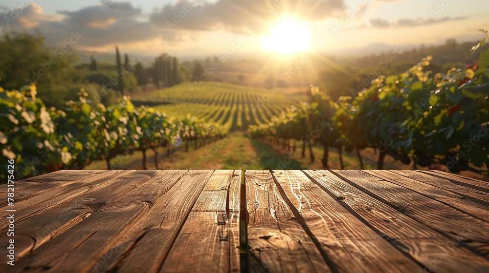 Fototapeta premium outdoor scene with an inviting wooden table bathed in radiant spring and summer light surrounded by garden greenery
