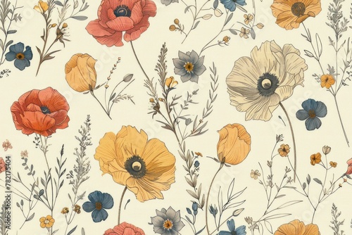 Floral Poppy and Wildflower Seamless Pattern on Beige Background for Textile Design and More