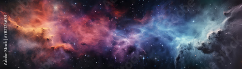 Panoramic view of space with nebula clouds photo