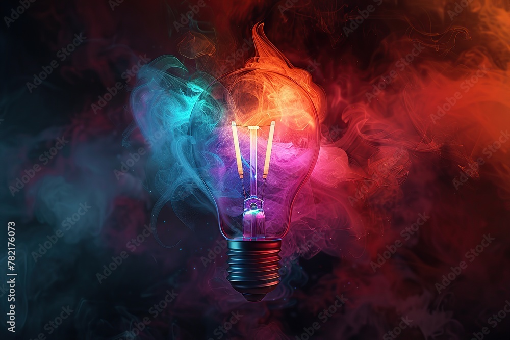 Light bulb with colorful smoke, black background, vibrant colors ...