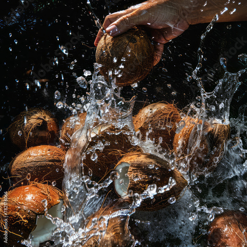 Hand picking underwater coconut and fruits on a black background.