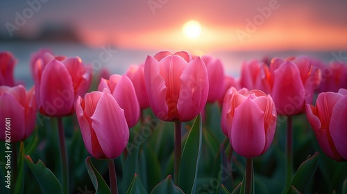 Closeup pink tulips in pastel coral tints at blurry background, Fresh spring flowers in the garden with soft sunlight for your horizontal floral poster, wallpaper or holidays card, generative ai #782176081