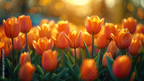 Closeup orange flower with green leaf background in tulip field at winter or spring day for postcard beauty decoration, generative ai #782176287