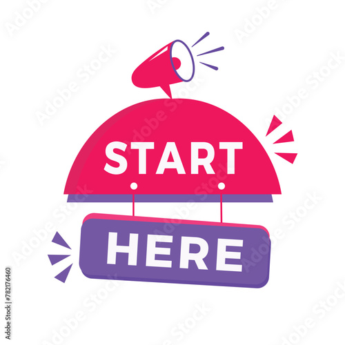 Start here label icon for announcement, advertising, vector. Flat design hanging banner, advertising, announcement.