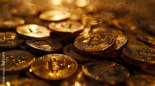 Bitcoin coins background close up view