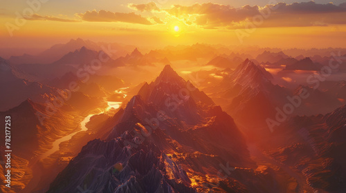 Golden sunset light illuminating remote mountain range, showcasing nature's majesty.