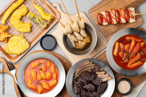 Soondae, Korean food, snack food, spicy rice cake, fried rice cake, sweet pumpkin, vegetables, seaweed roll shrimp, squid, sweet potato, sotteok, fish cake photo