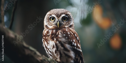 Owl bird sitting on a banch tree. Wil life nature outdoor forest background landscape scene