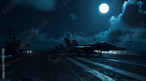 Moonlit night, the carrier's deck aglow, jets casting long shadows, eerie calm before action,