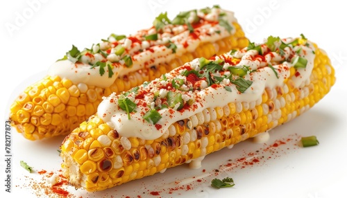 Mexican Street Corn Delight, Celebrate the iconic Mexican street food favorite, elote (grilled corn on the cob), with images showcasing the smoky grilled corn slathered in mayonnaise, cheese, chili po © Klnpherch