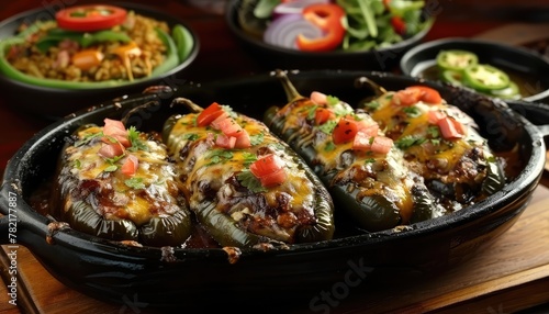 Chiles Rellenos Celebration, Highlight the rich and flavorful experience of chiles rellenos, featuring roasted poblano peppers stuffed with cheese, meat, or vegetables and topped with a savory sauce photo