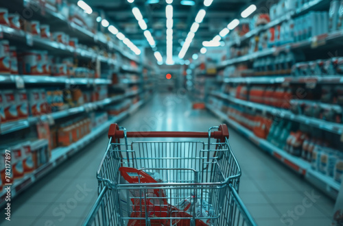 a shopping cart in a grocery store aisle photo