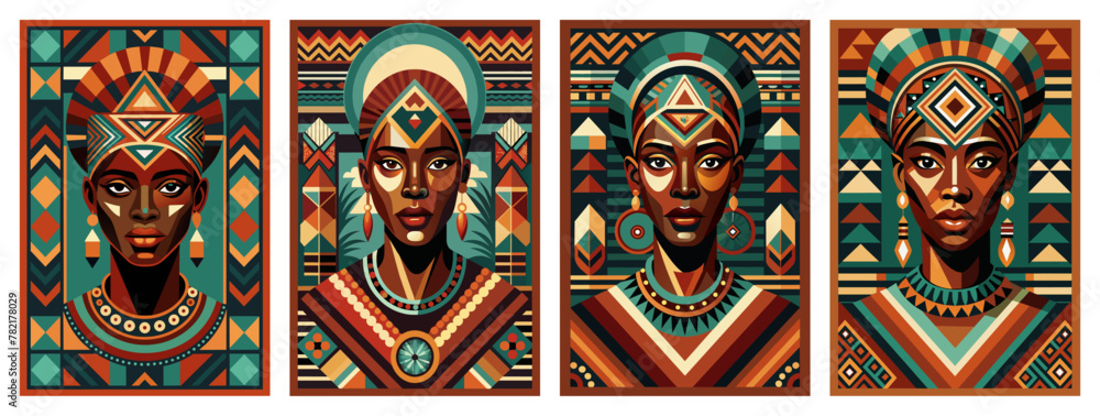 Ethnic posters with pride african woman's faces for black history month or juneteenth. Set of stylized vector female portraits of african woman, female with patterns symbolizing diversity, heritage Ethnic posters with pride african woman's faces for black history month or juneteenth. Set of stylized vector female portraits of african woman, female with patterns symbolizing diversity, heritage