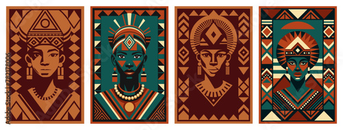 Portrait of african womans adorned with cultural motifs and patterns, symbolizing diversity, heritage. Ethnic poster set with african pattern, pride woman's faces for black history month or juneteenth
