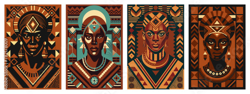 Set of stylized vector female portraits of african woman, female with patterns symbolizing diversity, heritage. Ethnic posters with pride african woman's faces for black history month or juneteenth