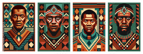 Ethnic poster set with african pattern and pride man's faces for black history month or juneteenth. Stylized african mans with traditional clothing cultural diversity in modern african posters