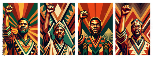 Set of pride african mans wit raised fists, symbol of african struggle. Black history month or juneteenth. Ethnic poster with cultural pattern. Symbolizing freedom and diversity