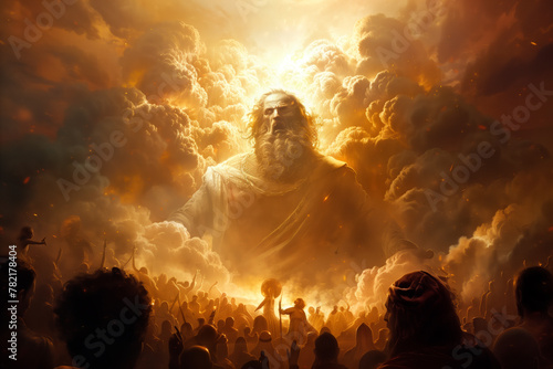 Enraged angry God appeared to the population from heaven from sky clouds with a menacing look, punish to judge humanity, to be responsible for their actions photo