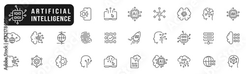 Set of artificial intelligence line icons. Technology, ai, digital, brain, chip etc. Editable stroke